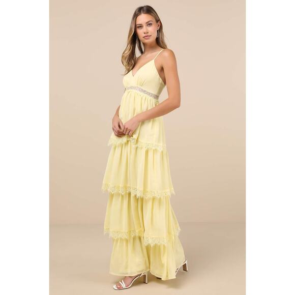 Lulus NWT Reed Light Yellow Tiered Lace A-Line Open-Back Flowy Maxi Dress XS - Picture 1 of 10